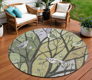 HomeRoots 8' Washable Round Area Rug with Artichoke Green, Wheat & Lavender Leaves for Indoor/Outdoor Use 659943