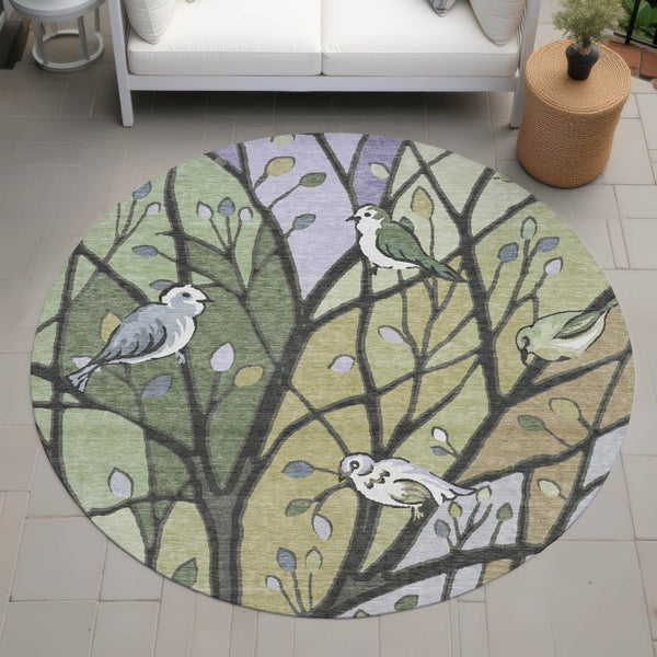 HomeRoots 8' Washable Round Area Rug with Artichoke Green, Wheat & Lavender Leaves for Indoor/Outdoor Use 659943