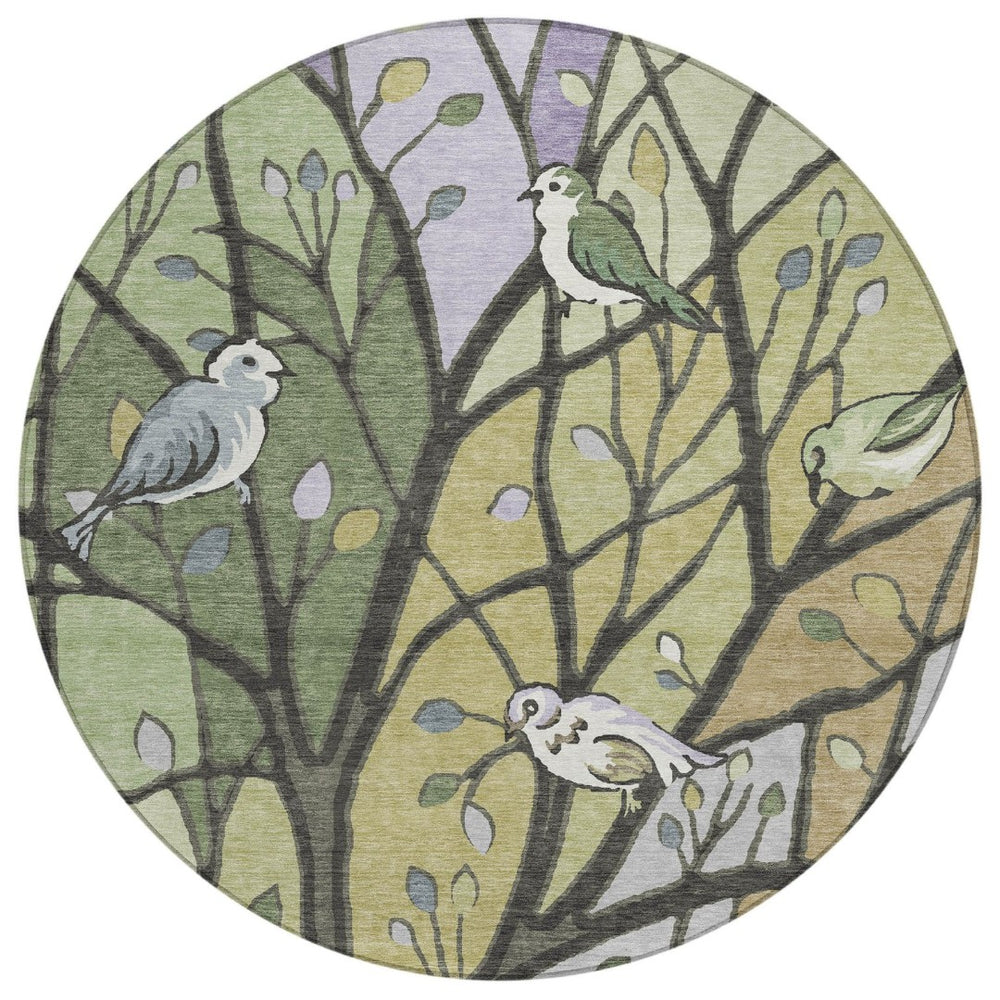 HomeRoots 8' Washable Round Area Rug with Artichoke Green, Wheat & Lavender Leaves for Indoor/Outdoor Use 659943