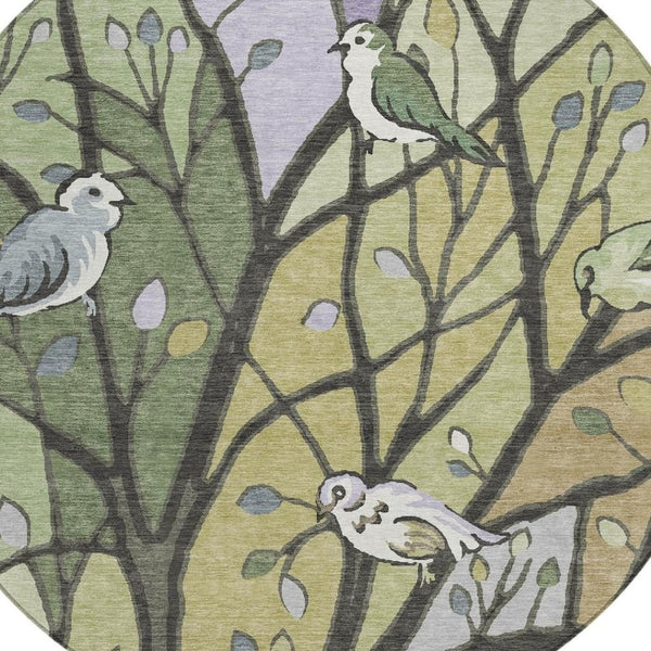 HomeRoots 8' Washable Round Area Rug with Artichoke Green, Wheat & Lavender Leaves for Indoor/Outdoor Use 659943