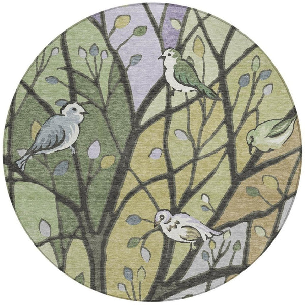 HomeRoots 8' Washable Round Area Rug with Artichoke Green, Wheat & Lavender Leaves for Indoor/Outdoor Use 659943