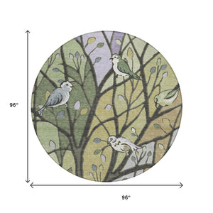 HomeRoots 8' Washable Round Area Rug with Artichoke Green, Wheat & Lavender Leaves for Indoor/Outdoor Use 659943