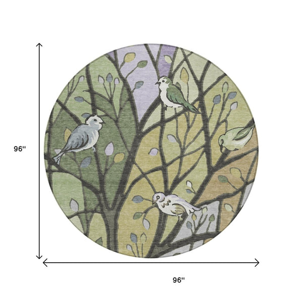 HomeRoots 8' Washable Round Area Rug with Artichoke Green, Wheat & Lavender Leaves for Indoor/Outdoor Use 659943