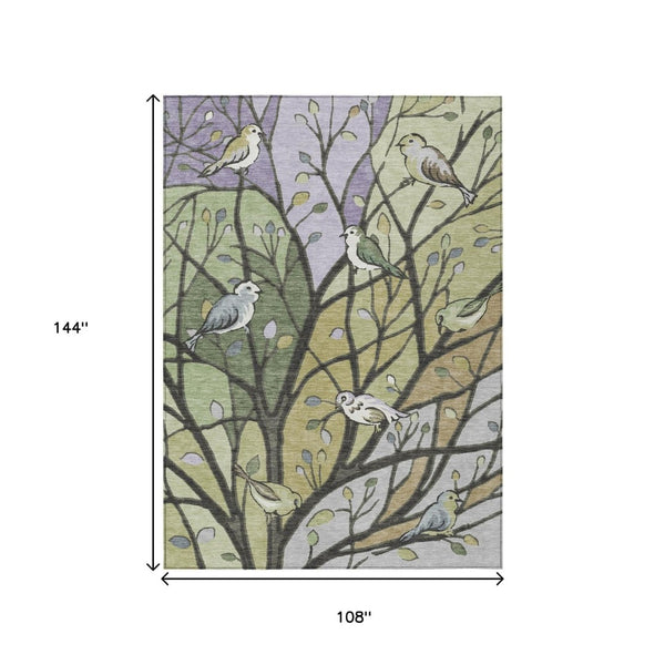 HomeRoots 9' X 12' Washable Botanical Area Rug in Artichoke Green, Wheat & Lavender – Durable, Stylish & Versatile! 659945