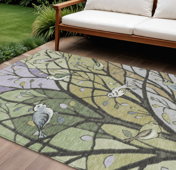 HomeRoots 10' Artichoke Green Washable Area Rug with Botanical Leaves for Indoor & Outdoor Living Spaces 659946