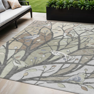 HomeRoots 5' X 8' Washable Botanical Leaves Area Rug - Durable Beige, Sage & Khaki Design for Indoor/Outdoor Use 659948