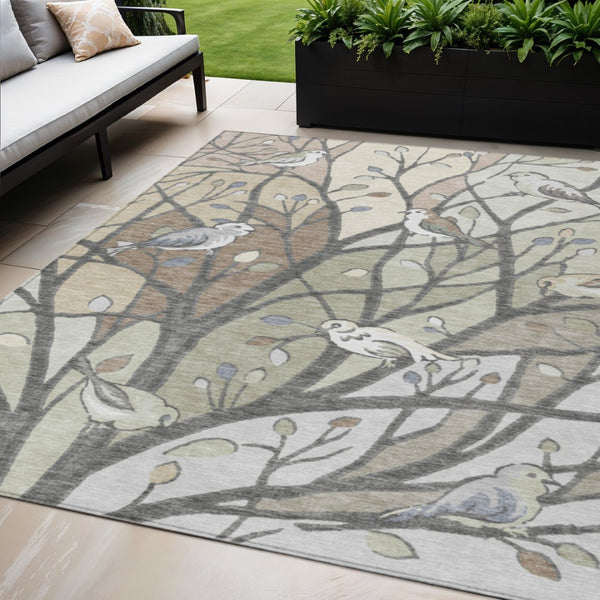 HomeRoots 5' X 8' Washable Botanical Leaves Area Rug - Durable Beige, Sage & Khaki Design for Indoor/Outdoor Use 659948