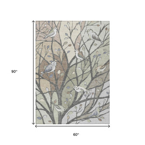 HomeRoots 5' X 8' Washable Botanical Leaves Area Rug - Durable Beige, Sage & Khaki Design for Indoor/Outdoor Use 659948