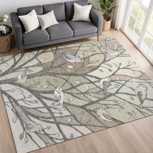 HomeRoots 5' X 8' Washable Botanical Leaves Area Rug - Durable Beige, Sage & Khaki Design for Indoor/Outdoor Use 659948