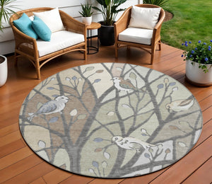 HomeRoots 8' Round Botanical Leaves Area Rug - Durable, Washable, Stylish Beige & Sage for Indoor/Outdoor Use 659949