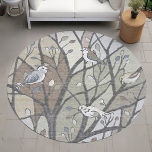 HomeRoots 8' Round Botanical Leaves Area Rug - Durable, Washable, Stylish Beige & Sage for Indoor/Outdoor Use 659949