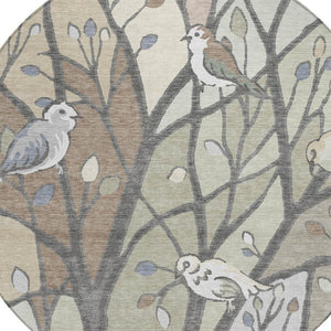 HomeRoots 8' Round Botanical Leaves Area Rug - Durable, Washable, Stylish Beige & Sage for Indoor/Outdoor Use 659949