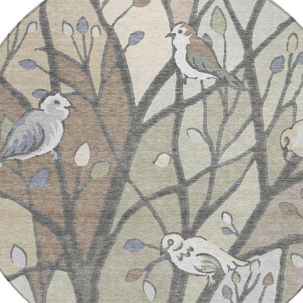 HomeRoots 8' Round Botanical Leaves Area Rug - Durable, Washable, Stylish Beige & Sage for Indoor/Outdoor Use 659949