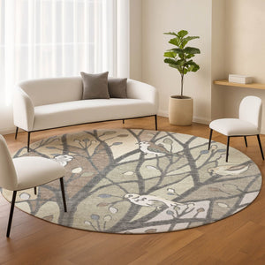 HomeRoots 8' Round Botanical Leaves Area Rug - Durable, Washable, Stylish Beige & Sage for Indoor/Outdoor Use 659949