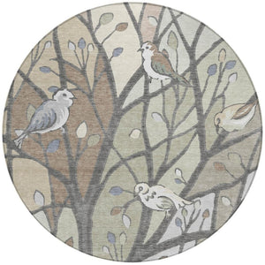 HomeRoots 8' Round Botanical Leaves Area Rug - Durable, Washable, Stylish Beige & Sage for Indoor/Outdoor Use 659949