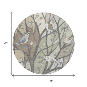 HomeRoots 8' Round Botanical Leaves Area Rug - Durable, Washable, Stylish Beige & Sage for Indoor/Outdoor Use 659949
