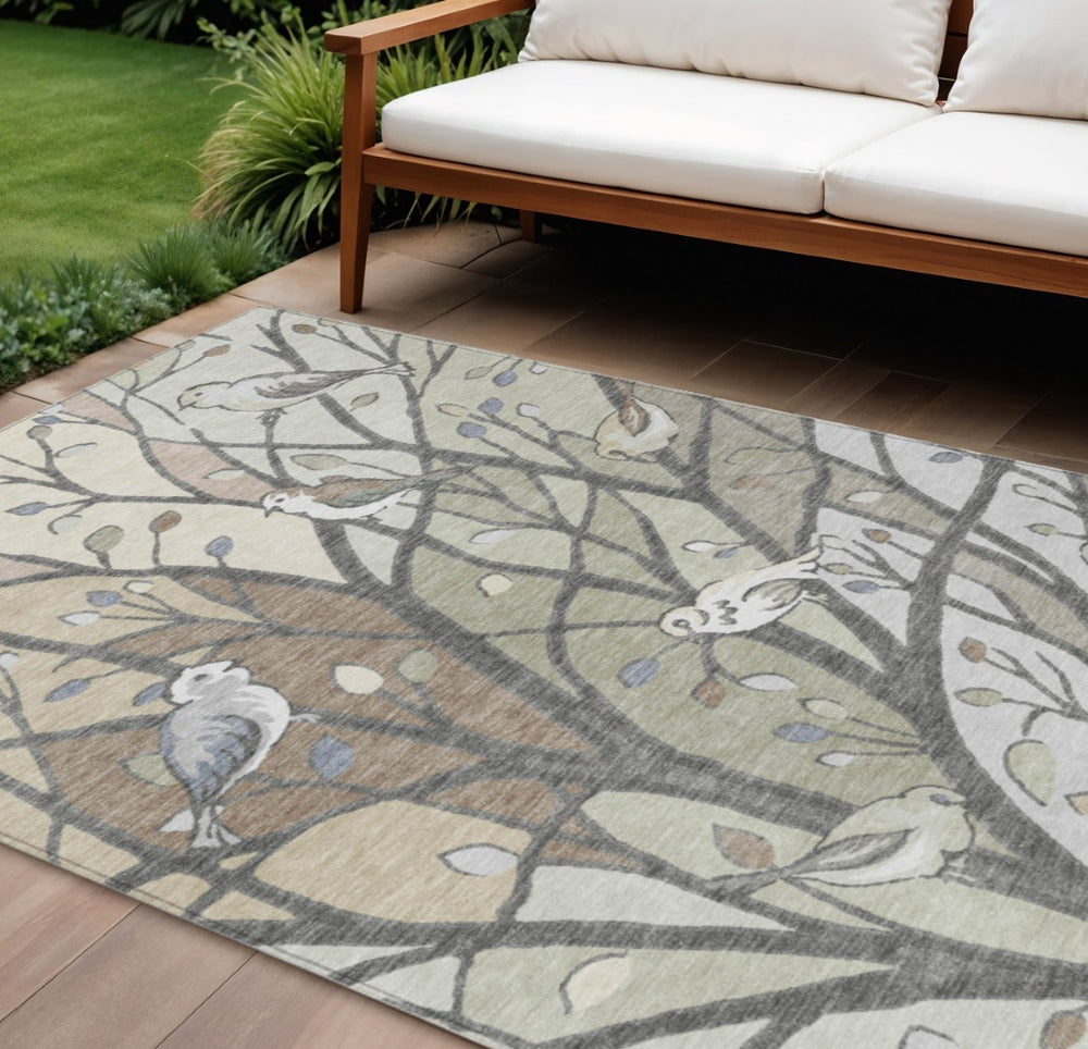 HomeRoots 8' X 10' Washable Botanical Leaves Area Rug in Beige, Sage & Khaki for Indoor/Outdoor Elegance 659950