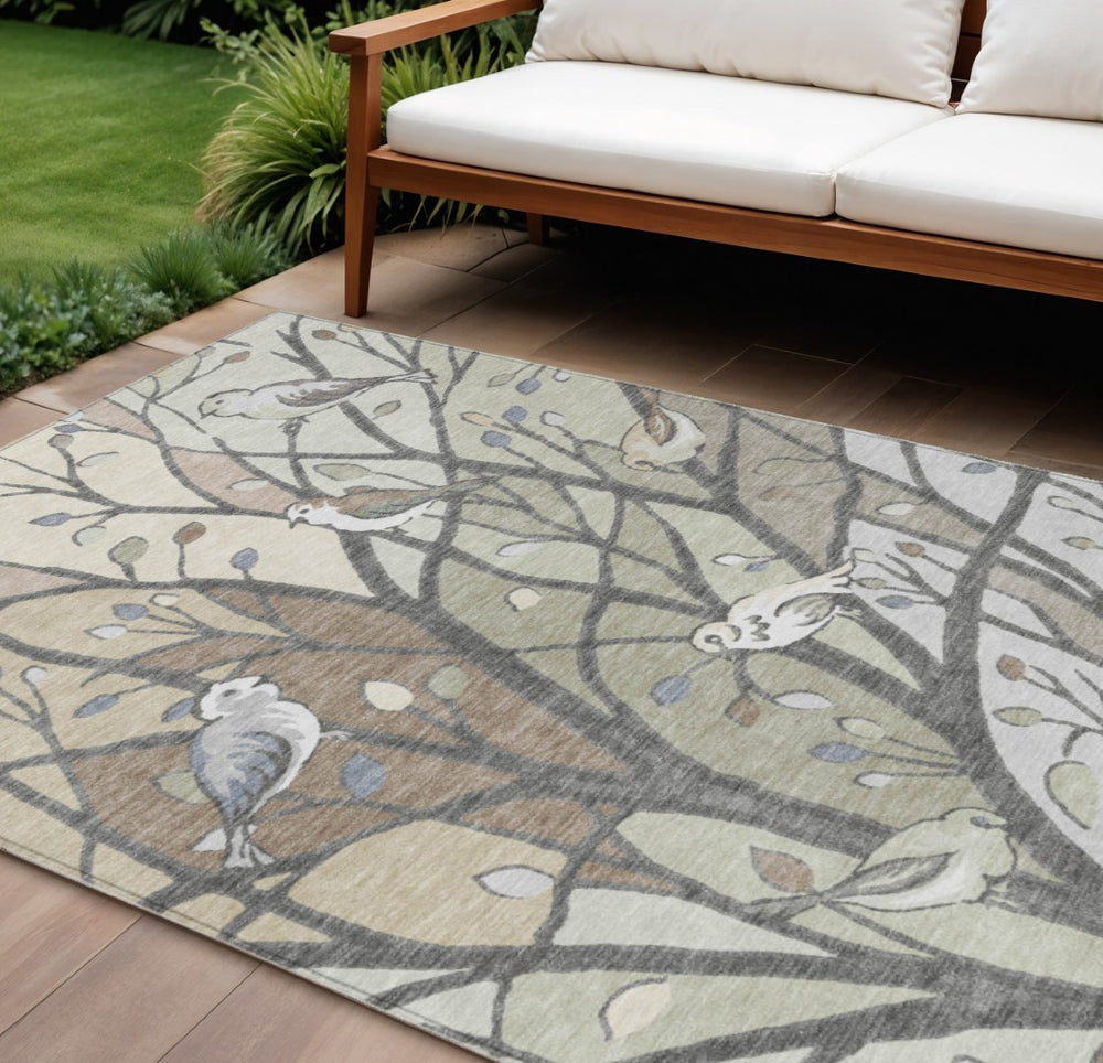 HomeRoots 10' Stylish Beige Sage Khaki Botanical Leaves Area Rug - Washable, Durable for Indoor & Outdoor Use! 659952