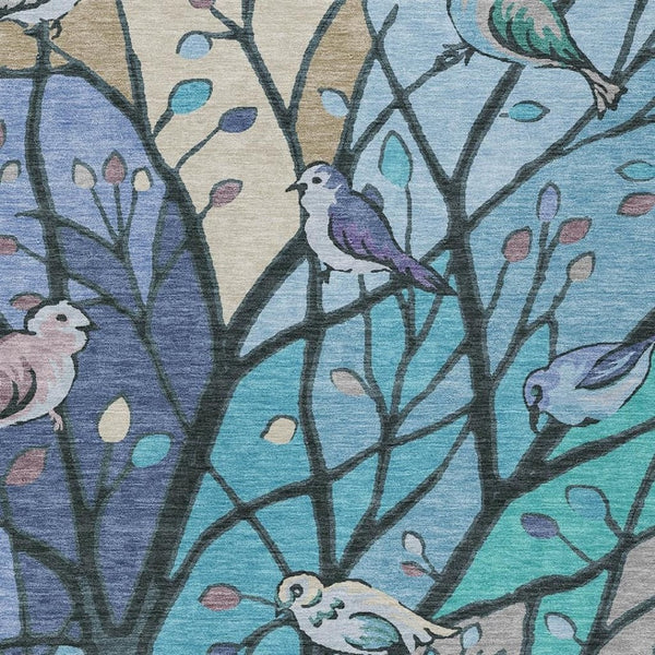 HomeRoots 5' x 8' Stylish Blue Beige Khaki Botanical Leaves Rug - Washable, Durable for Indoor & Outdoor Use 659954