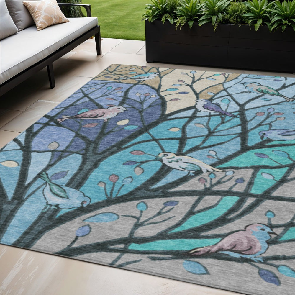 HomeRoots 5' x 8' Stylish Blue Beige Khaki Botanical Leaves Rug - Washable, Durable for Indoor & Outdoor Use 659954