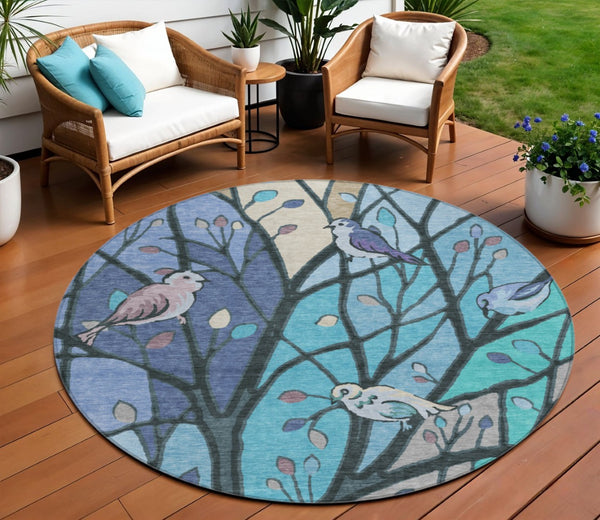 HomeRoots 8' Blue Beige Khaki Round Botanical Leaves Rug – Washable, Durable, Perfect for Indoor & Outdoor Spaces 659955