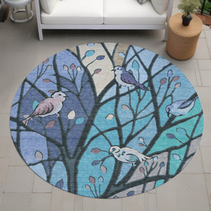 HomeRoots 8' Blue Beige Khaki Round Botanical Leaves Rug – Washable, Durable, Perfect for Indoor & Outdoor Spaces 659955