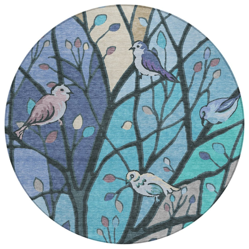HomeRoots 8' Blue Beige Khaki Round Botanical Leaves Rug – Washable, Durable, Perfect for Indoor & Outdoor Spaces 659955