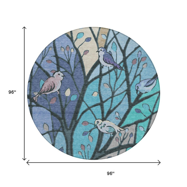 HomeRoots 8' Blue Beige Khaki Round Botanical Leaves Rug – Washable, Durable, Perfect for Indoor & Outdoor Spaces 659955