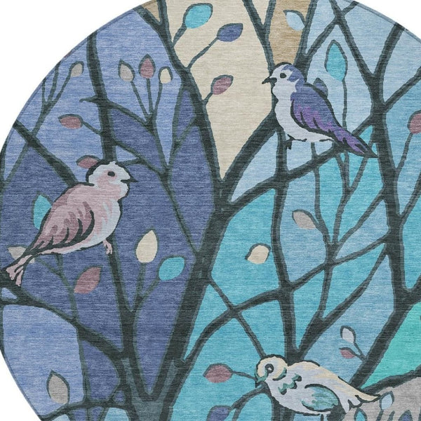 HomeRoots 8' Blue Beige Khaki Round Botanical Leaves Rug – Washable, Durable, Perfect for Indoor & Outdoor Spaces 659955