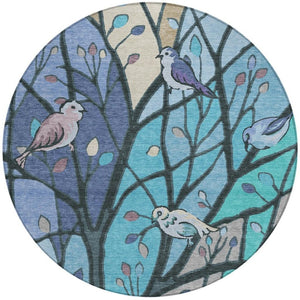 HomeRoots 8' Blue Beige Khaki Round Botanical Leaves Rug – Washable, Durable, Perfect for Indoor & Outdoor Spaces 659955