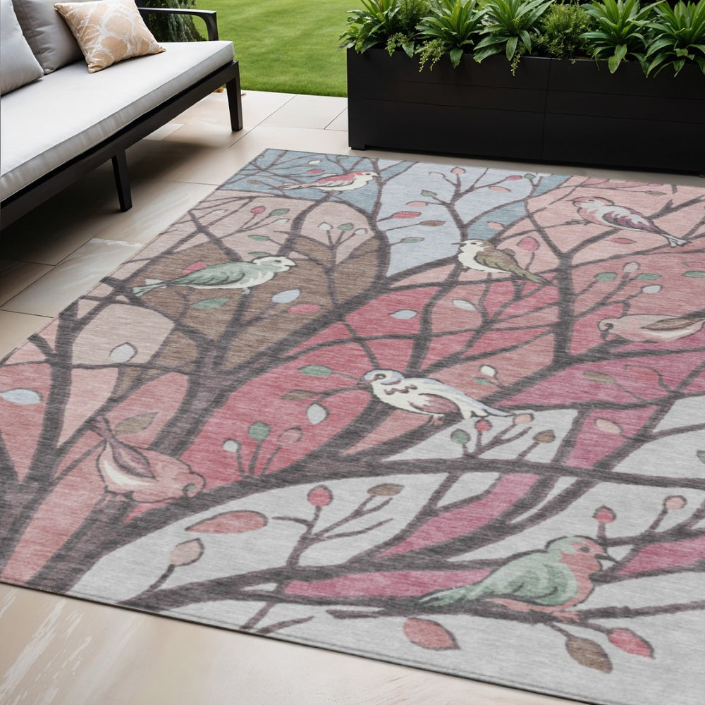 HomeRoots 5' X 8' Washable Botanical Leaves Area Rug in Blush Blue & Brown - Perfect for Indoor/Outdoor Use! 659960