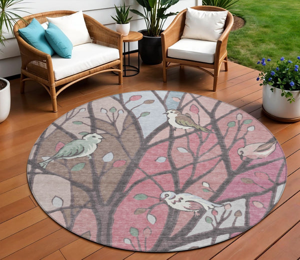 HomeRoots 8' Stylish Blush Blue and Brown Round Botanical Leaves Rug - Washable Indoor/Outdoor Decor Delight! 659961