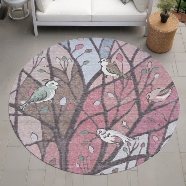 HomeRoots 8' Stylish Blush Blue and Brown Round Botanical Leaves Rug - Washable Indoor/Outdoor Decor Delight! 659961