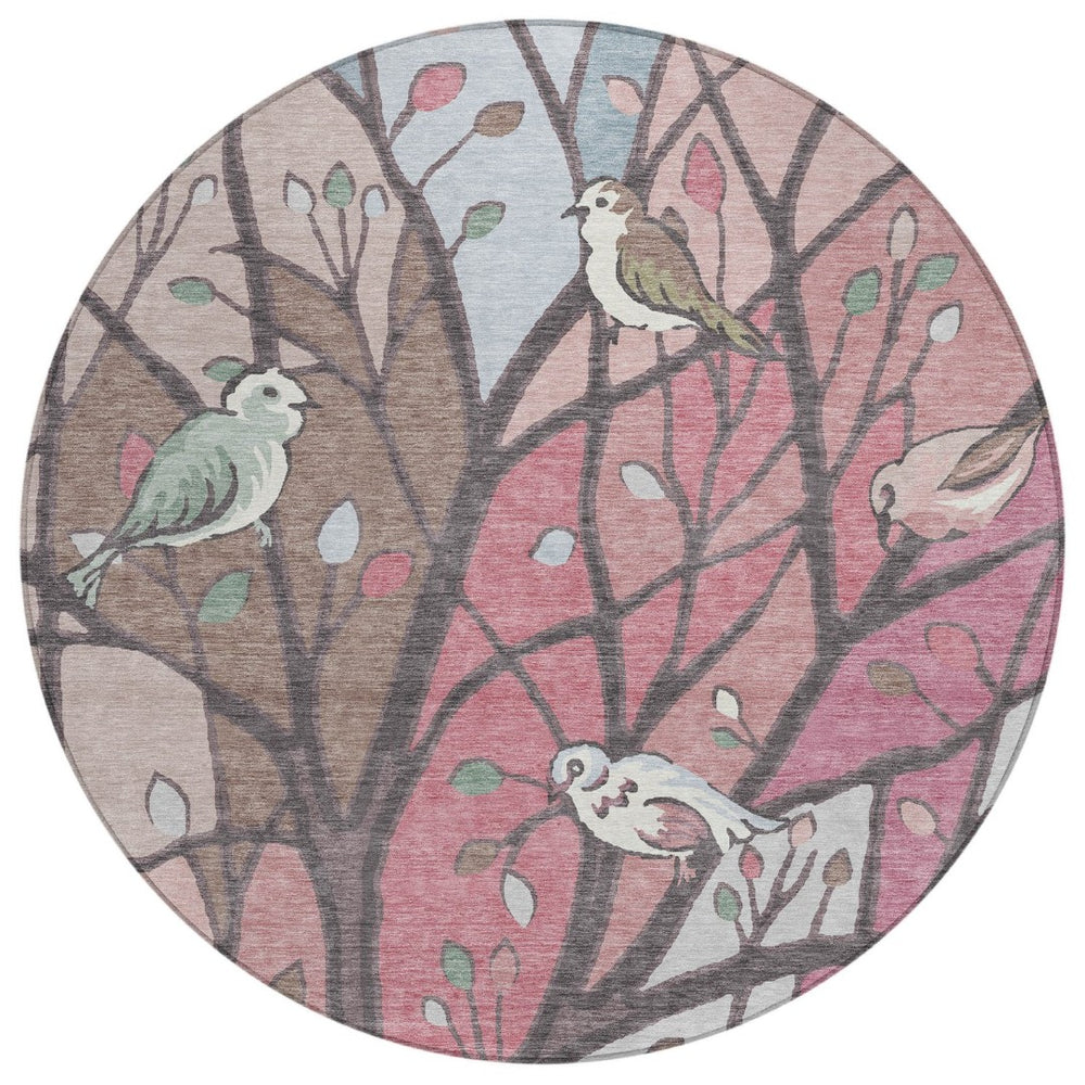 HomeRoots 8' Stylish Blush Blue and Brown Round Botanical Leaves Rug - Washable Indoor/Outdoor Decor Delight! 659961