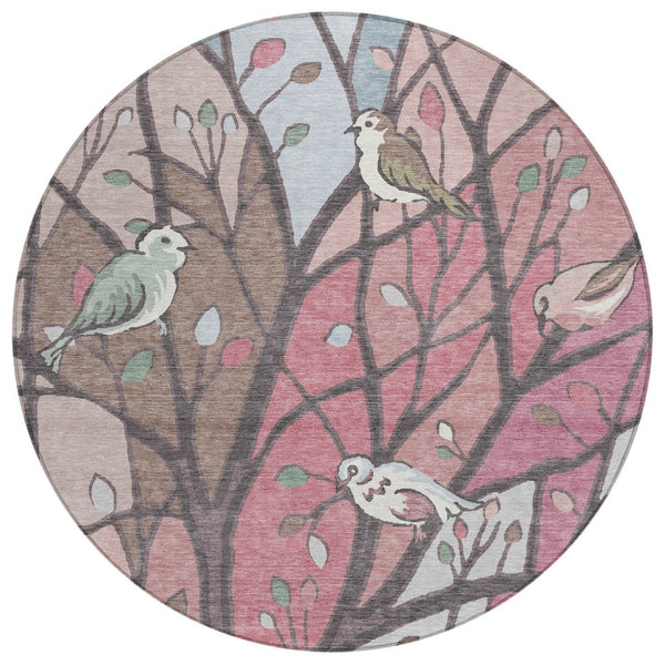 HomeRoots 8' Stylish Blush Blue and Brown Round Botanical Leaves Rug - Washable Indoor/Outdoor Decor Delight! 659961