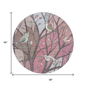 HomeRoots 8' Stylish Blush Blue and Brown Round Botanical Leaves Rug - Washable Indoor/Outdoor Decor Delight! 659961