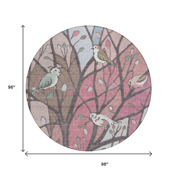 HomeRoots 8' Stylish Blush Blue and Brown Round Botanical Leaves Rug - Washable Indoor/Outdoor Decor Delight! 659961