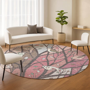 HomeRoots 8' Stylish Blush Blue and Brown Round Botanical Leaves Rug - Washable Indoor/Outdoor Decor Delight! 659961