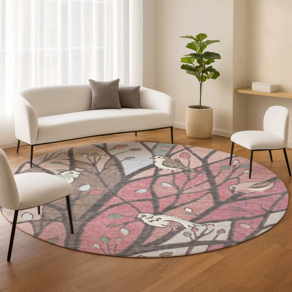 HomeRoots 8' Stylish Blush Blue and Brown Round Botanical Leaves Rug - Washable Indoor/Outdoor Decor Delight! 659961