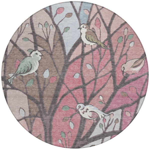 HomeRoots 8' Stylish Blush Blue and Brown Round Botanical Leaves Rug - Washable Indoor/Outdoor Decor Delight! 659961