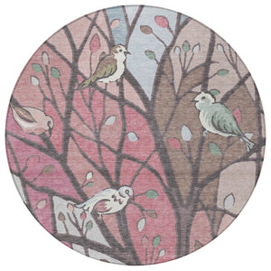 HomeRoots 8' Stylish Blush Blue and Brown Round Botanical Leaves Rug - Washable Indoor/Outdoor Decor Delight! 659961
