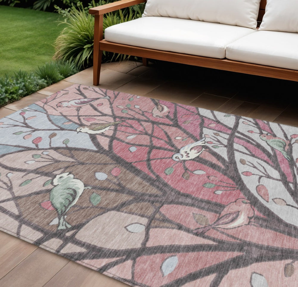HomeRoots 9' Botanical Leaves Area Rug in Blush, Blue & Brown - Washable Indoor/Outdoor Mat for Versatile Spaces 659963