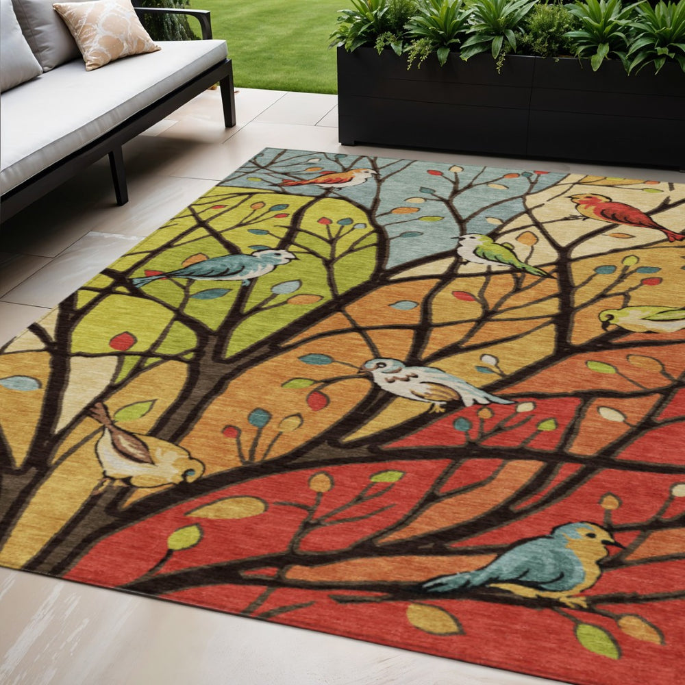 HomeRoots 5' Vibrant Gold Red and Green Botanical Leaves Washable Area Rug for Indoor and Outdoor Spaces 659966