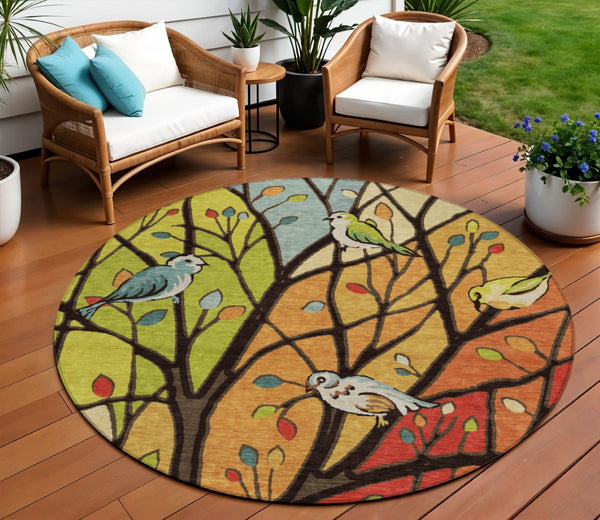 HomeRoots 8' Vibrant Gold Red & Green Round Botanical Leaves Area Rug - Washable & Versatile for Indoors Outdoors 659967