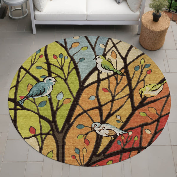 HomeRoots 8' Vibrant Gold Red & Green Round Botanical Leaves Area Rug - Washable & Versatile for Indoors Outdoors 659967