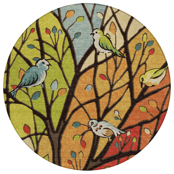 HomeRoots 8' Vibrant Gold Red & Green Round Botanical Leaves Area Rug - Washable & Versatile for Indoors Outdoors 659967
