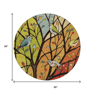 HomeRoots 8' Vibrant Gold Red & Green Round Botanical Leaves Area Rug - Washable & Versatile for Indoors Outdoors 659967