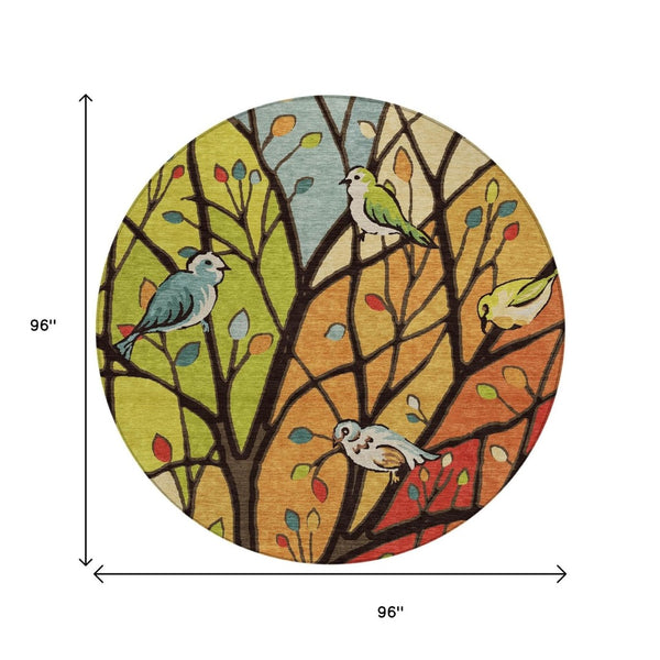 HomeRoots 8' Vibrant Gold Red & Green Round Botanical Leaves Area Rug - Washable & Versatile for Indoors Outdoors 659967