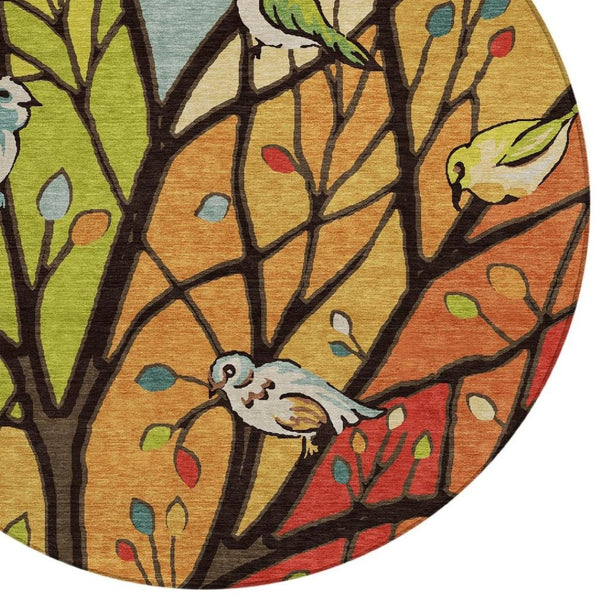 HomeRoots 8' Vibrant Gold Red & Green Round Botanical Leaves Area Rug - Washable & Versatile for Indoors Outdoors 659967