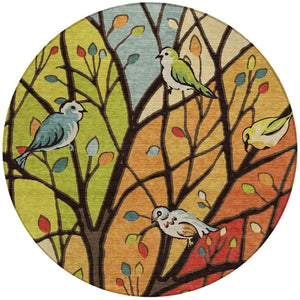HomeRoots 8' Vibrant Gold Red & Green Round Botanical Leaves Area Rug - Washable & Versatile for Indoors Outdoors 659967